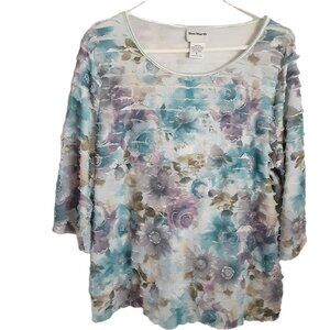 Bon Worth Blouse LARGE Pullover Short Sleeve Ruffles 3/4 Sleeve Floral Easy Care